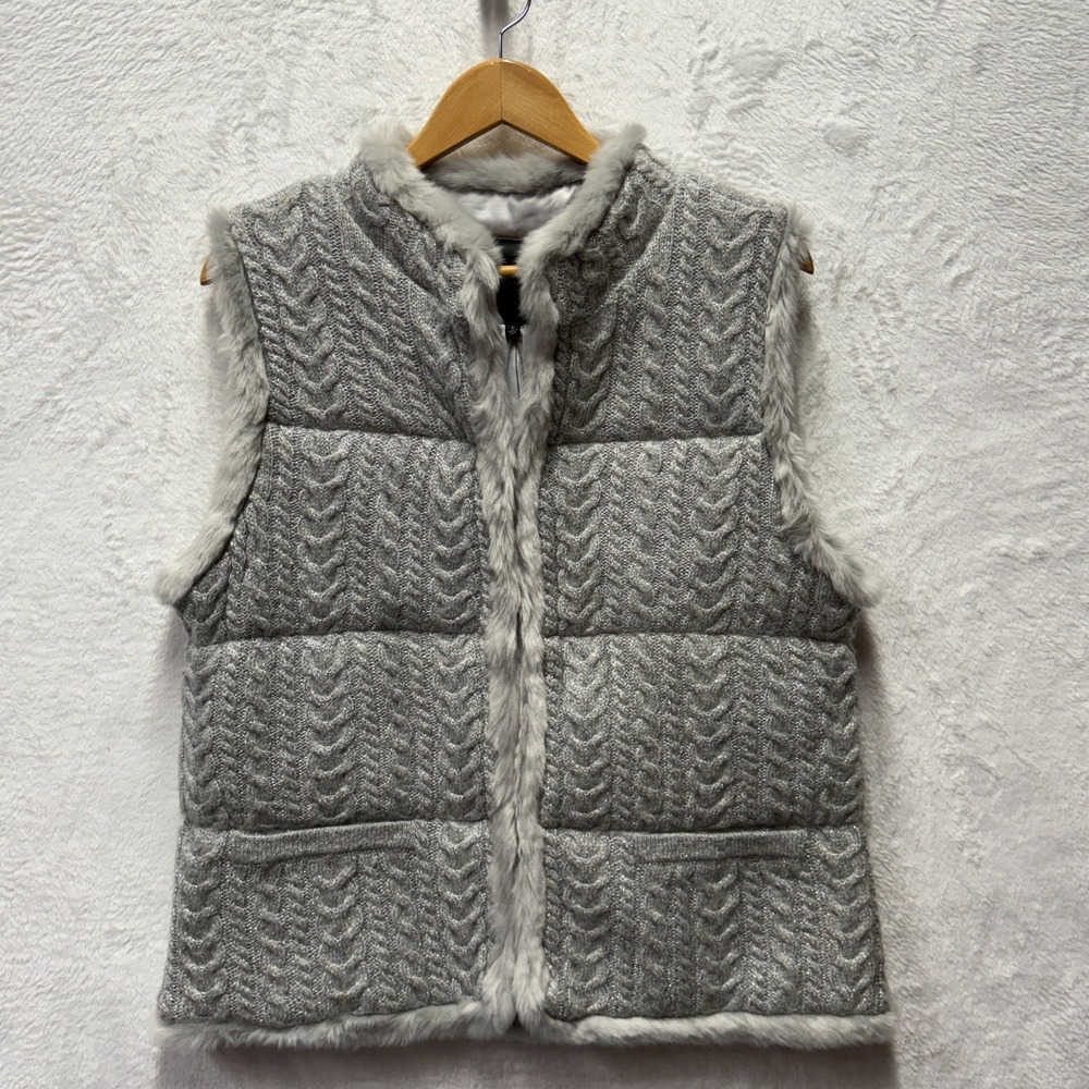 Talbots PrimaLoft Cable Knit Metallic Puffer Vest Women Large Gray Faux Fur Trim